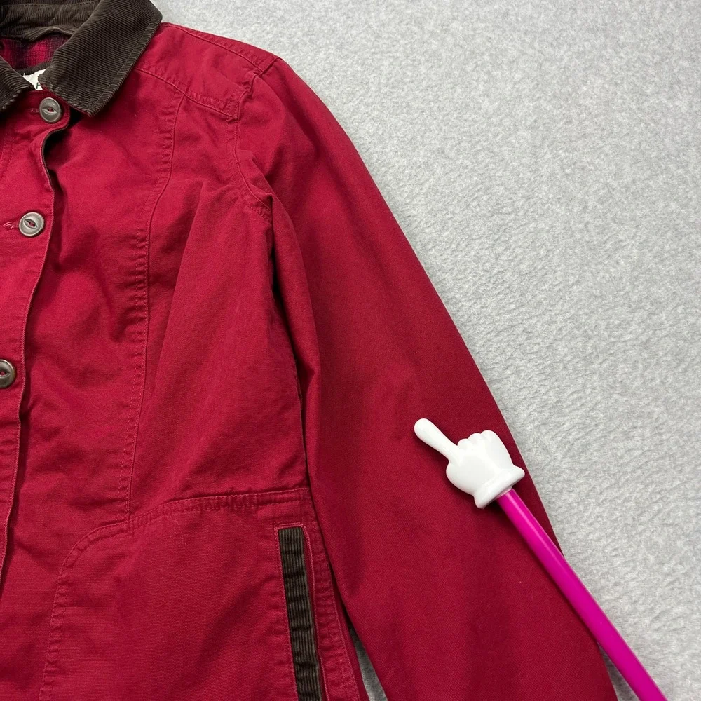 Orvis Barn Jacket Womens Small Red Canvas Plaid Lined Corduroy Collar Field Coat